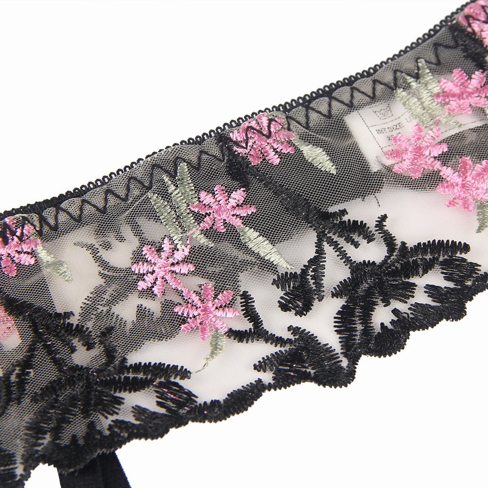 Floral Embroidery Bra & Panty Set with Garter Belt - Luscious Goddess