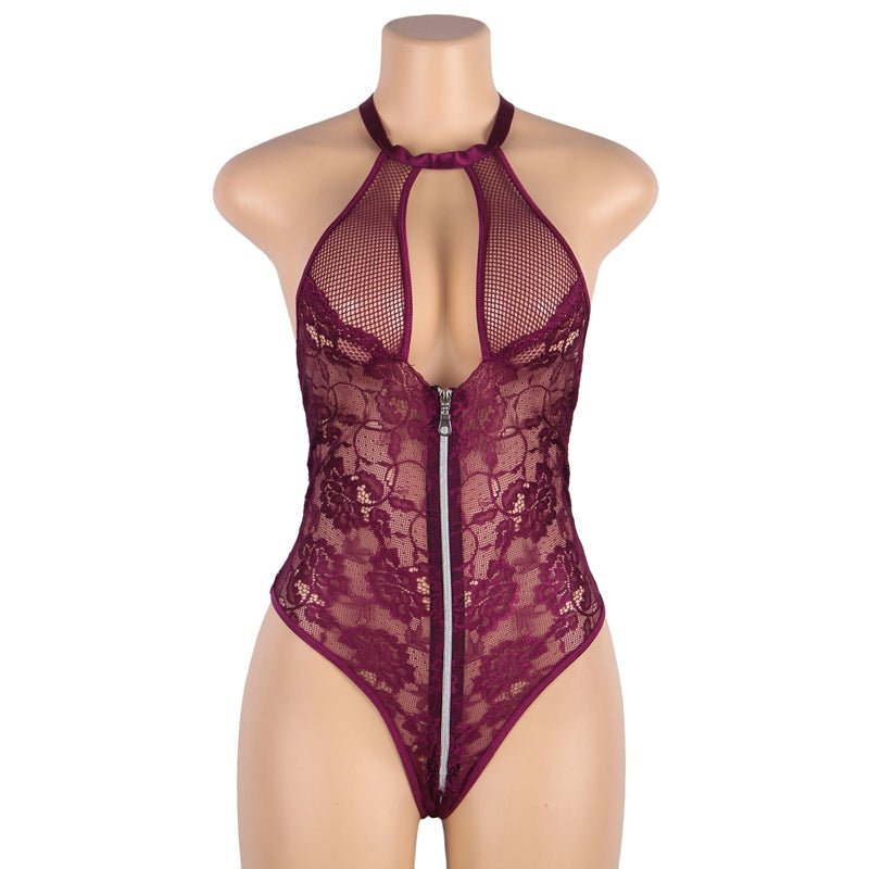 Floral Lace Stitching Backless Zipper Teddy - Luscious Goddess