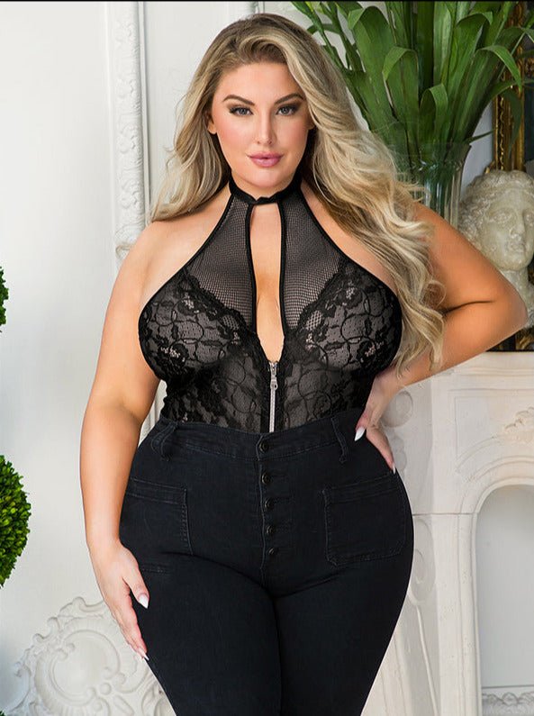 Floral Lace Stitching Backless Zipper Teddy - Luscious Goddess