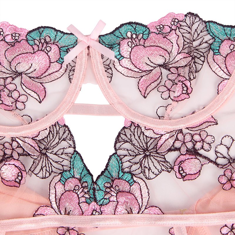 Transparent Floral Embroidered Lace Bodysuit - Luscious Goddess