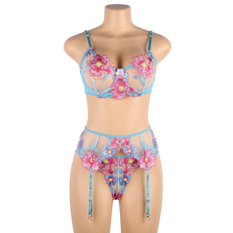 Floral Embroidery Bra & Panty Set with Garter Belt