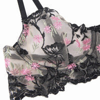 Floral Embroidery Bra & Panty Set with Garter Belt - Luscious Goddess