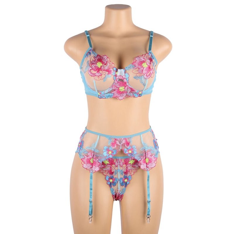 Floral Embroidery Bra & Panty Set with Garter Belt - Luscious Goddess